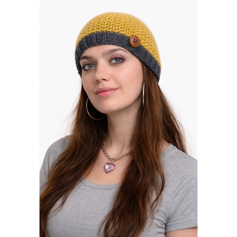 Prana Womens Wool Fleece Beanie Mustard Grey Knit Wood Button Gorpcore earthy